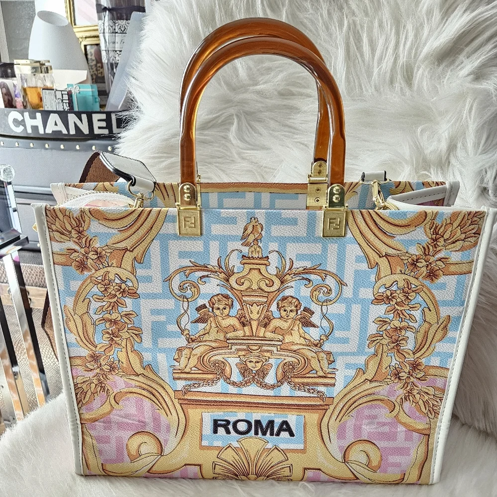 Fendi Multicolor Baroque Canvas Satchel in Blue, Pink & Gold